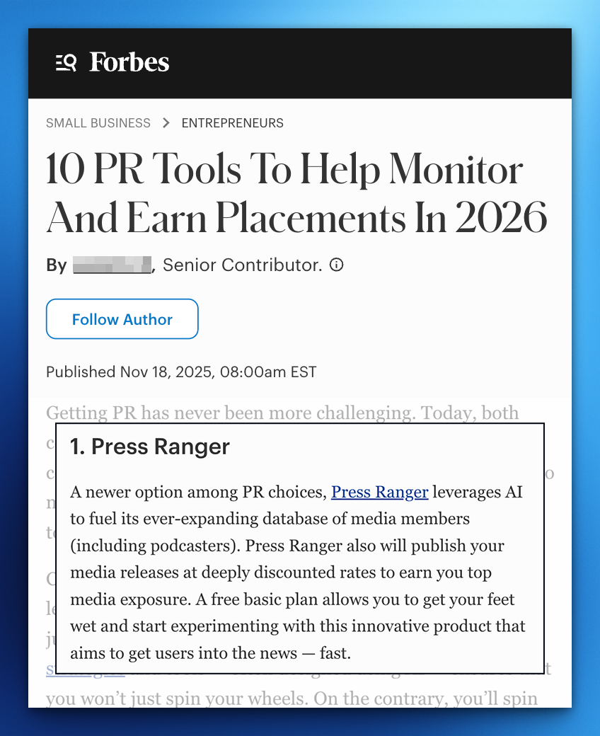 Press Ranger announces Press Ranger Named Best Public Relations (PR) Software for 2026 by Forbes