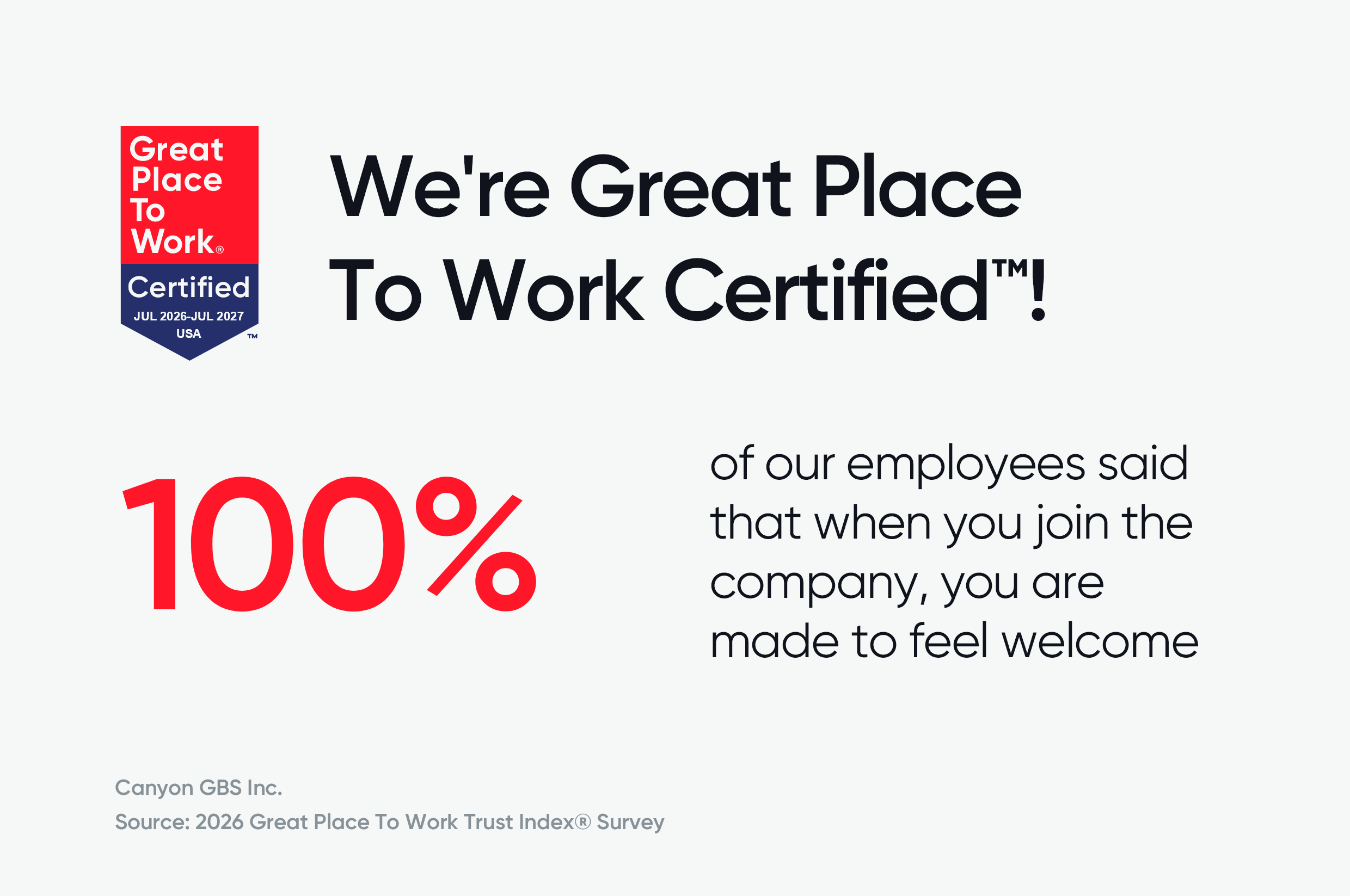 Canyon GBS announces Canyon GBS Earns Great Place To Work Certification