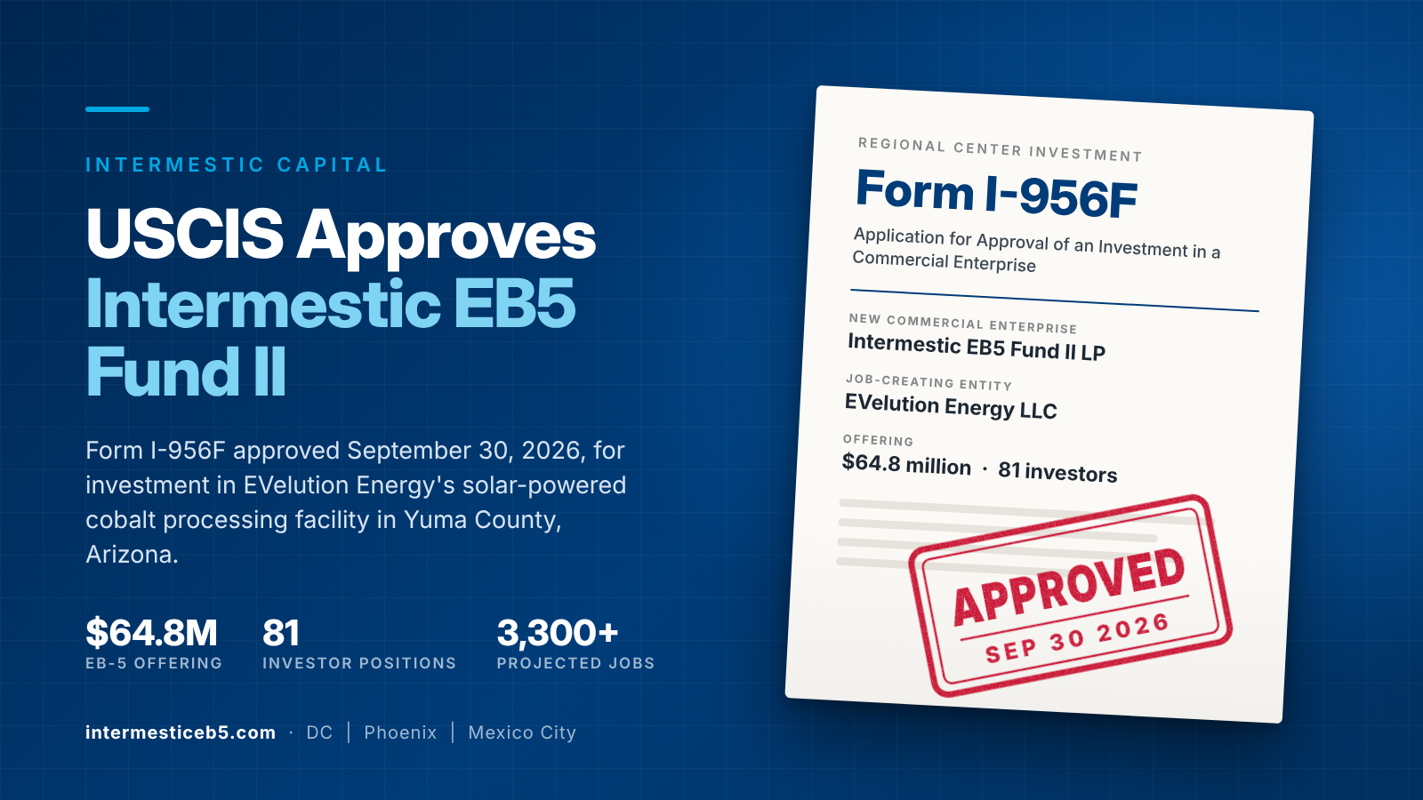 Intermestic EB5 Fund II Wins USCIS Approval for Cobalt Processing Facility to Secure America's Defense Supply Chain